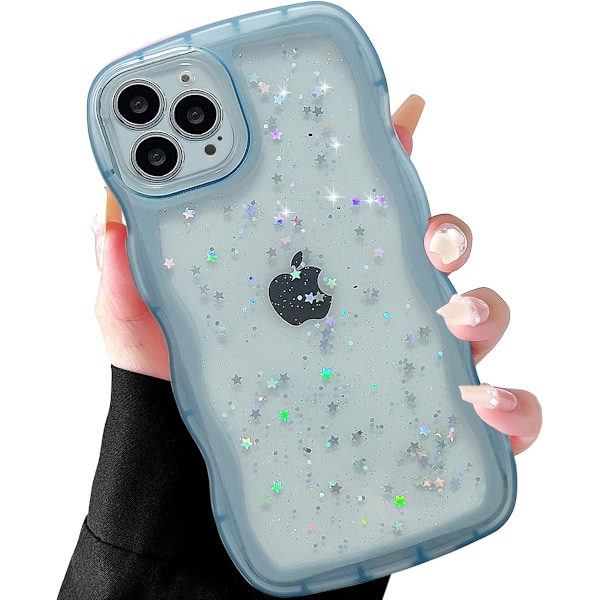 iPhone 14 Cover 6.1\" Krøllet Bølge Kant Design Transparent Bling Glitter Stjerne Skinnende Cover Sød Klar Transparent Fuld Pro