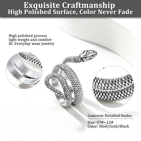 Slange Ringer for Menn Kvinner, Rustfritt Stål/Gull/Svart Slange Finger Wrap Ring
