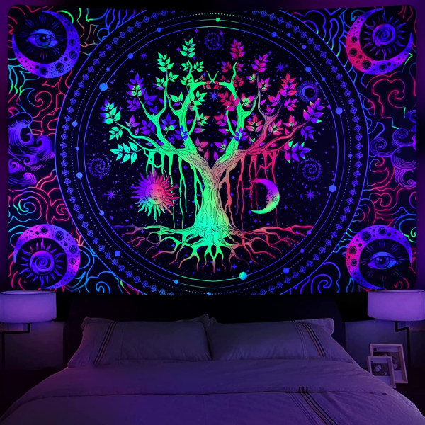 Blacklight Tree of Life Tapestry Trippy Sun ja Moon Tapestry UV