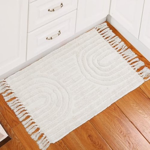 Boho Baderomsteppe 60*90cm, Håndlaget Vaskbar Beige Badematte med Kvaster, Bohemian Kjøkkenløper, Landlig Bomulls Teppe