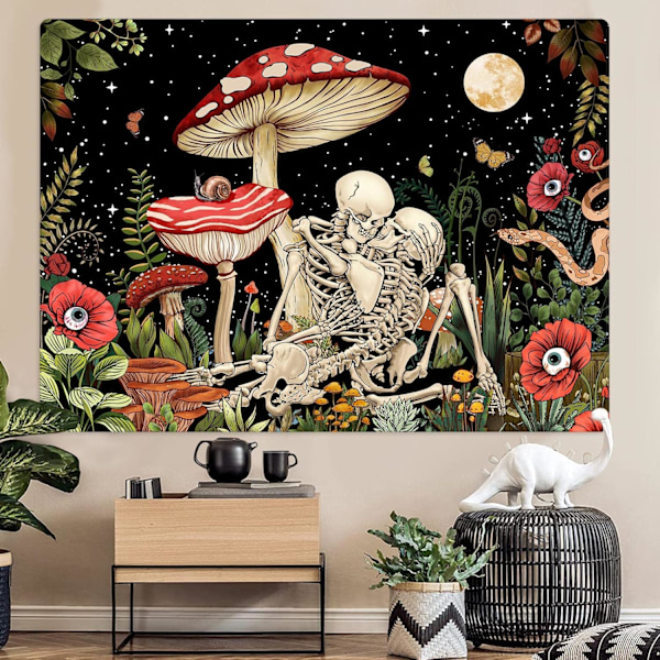 Svamp Skalle Tapestry Skelett Blommig Växt Blomma Estetisk Sovrum Tapestry Natur Måne Väggbonad för Sovsal Vardagsrum