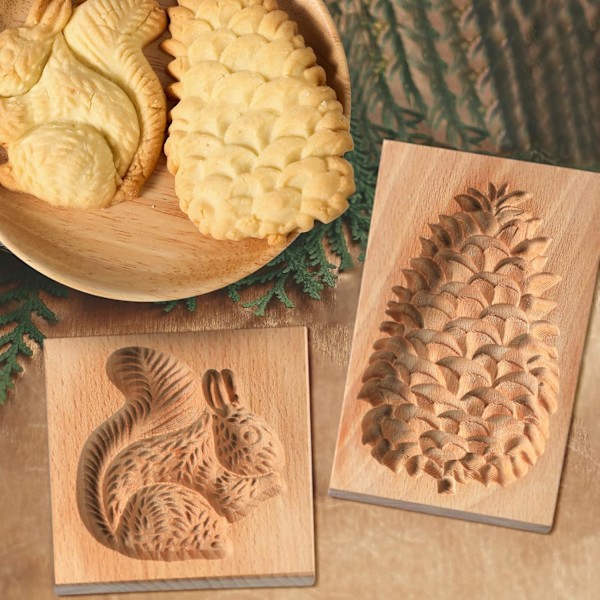 2 stk Skårne Tre Cookie Former, Baking Embossing Cookies Stempel Form Kutter Morsom 3D Pinecone Cookie Form Tre Ekorn