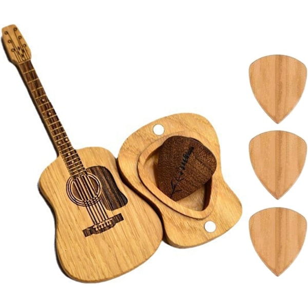 12×5.5×2cm Mini Gitarrformad Plektrumhållare, Trägitarr Plektrumlåda med Stativ, Trägitarr Plektrumlåda Hållare med 3 St Plektrum