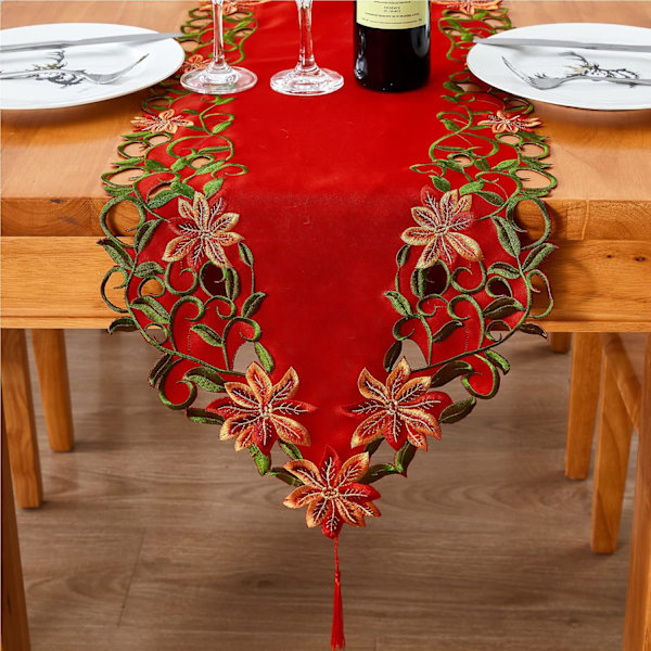 38×176×1cm Julbordstablett med Broderad Grön Lövdesign, Utsmyckad för Juldekorationer 15x69