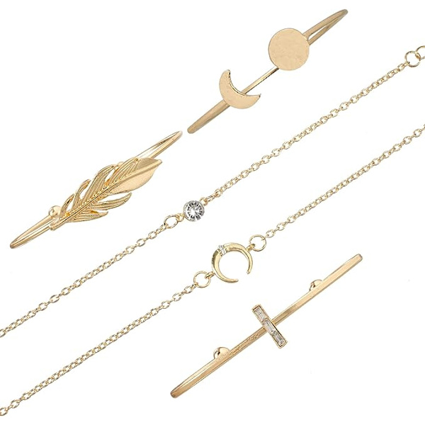 Sæt med 5 boheme-inspirerede åbne blad- og måne-armbånd i guld til kvinder