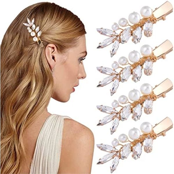 4 stk. Gull Alligator Hårklipp Rhinestone Krystall Perle Bryllup Barrettes Bling Brud Hårnåler Hårtilbehør for Kvinner