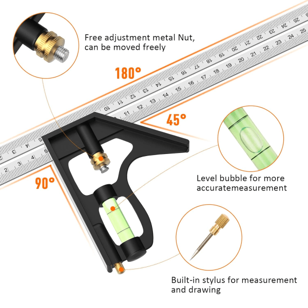 Kombinasjonsvinkel, 12'/300mm rustfritt stål vinkel snekkerverktøy, 45/90 graders linjal med vater