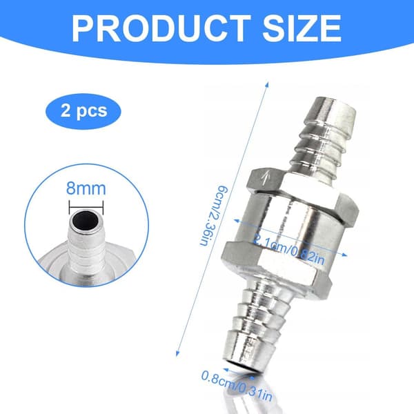 2 st Bränsle Backventil 8mm Aluminium Backventil för Bil Förgasare Lågtryckssystem Bil Bränsle Backventil