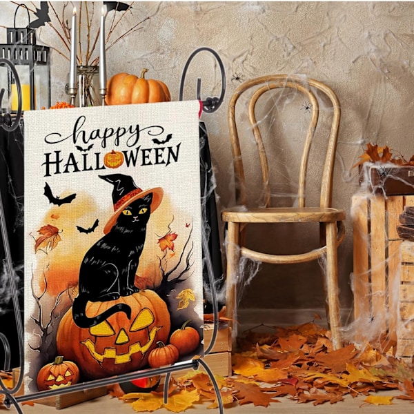 1 stk Halloween Kat Haveflag 12x18 Dobbeltsidet Glædelig Halloween Græskar Hexe Kat Haveflag Ferie Udendørs Dekoration