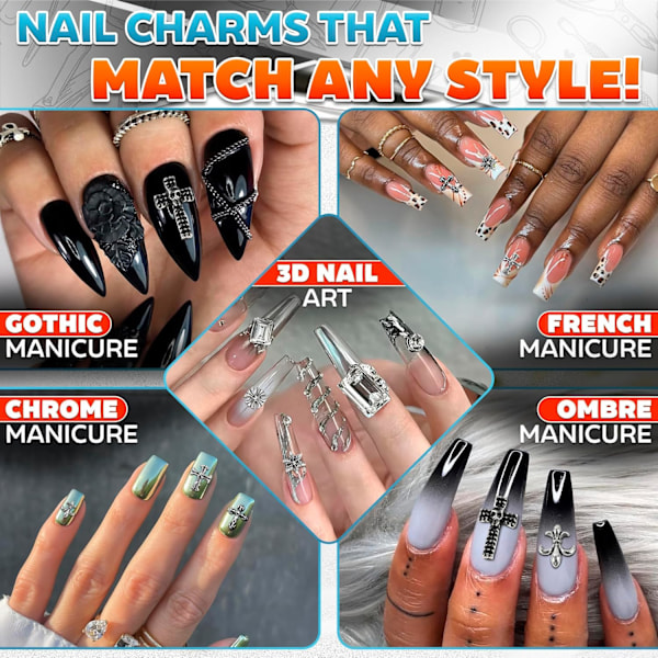 100 st Kors Nagelberlocker och Ädelstenar - Nagelberlocker med Kors för Nageldesign Silver Nagelberlocker Y2k Nagelstenar för Naglar 3d Na