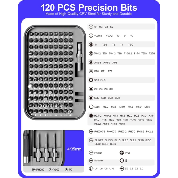 Præcisionsskruetrækkersæt, 130 i 1 værktøjssæt med 120 bits magnet