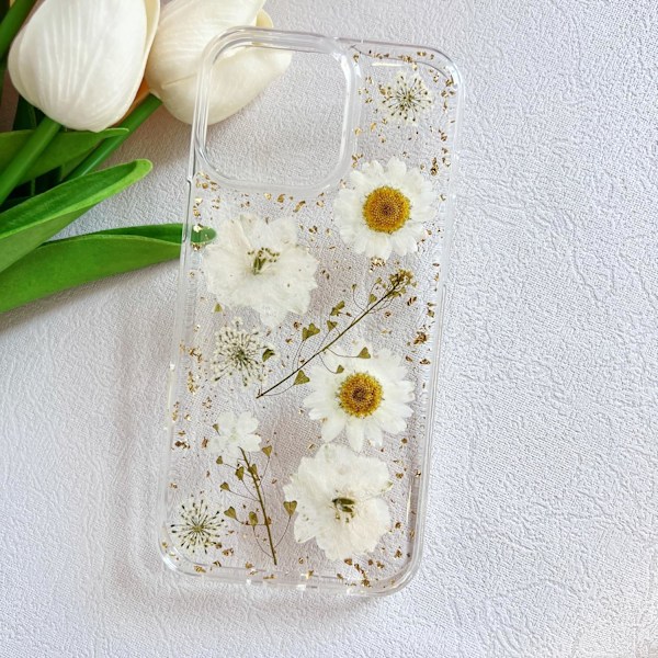 för iPhone 16 Pro Max Transparent Skal med Pressade Äkta Blommor Design, Glitter Sött Vitt Blommönster Slim Mjukt TPU Skyddande Fodral för Kvinnor Flickor