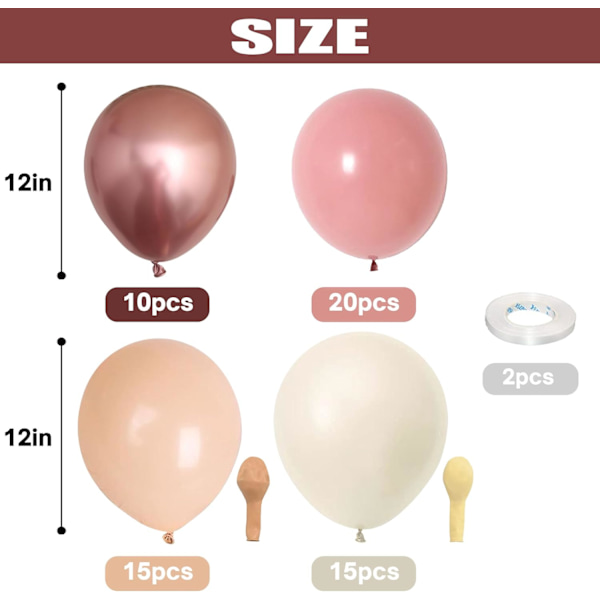 Retro Blush Pink -ilmapallot, 60 pakkausta 12 tuuman pölyisen vaaleanpunaisia metallisia kromi- ja vaaleankultaisia hiekkavärisiä palloja hääjuhliin