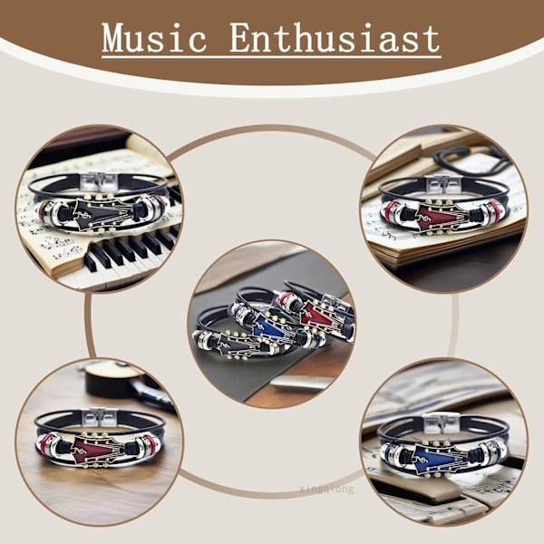 3 Set Retro Gitarr Läderarmband För Män Handgjorda Flätade Zinklegering Rockmusik Multi-Lager Wrap Armband Unika Punkstil Gåvor Smycken