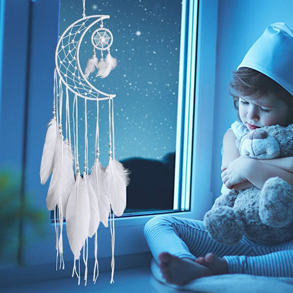 Lune-Blanc Drömfångare Hand Måne Design med Fjädrar