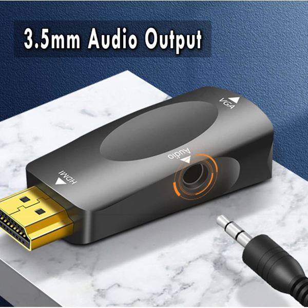 HDMI til VGA-adapter, han-hun med 3,5 mm jackstik lydkabel kompatibel med skærm/bærbar computer/computer/pc/p