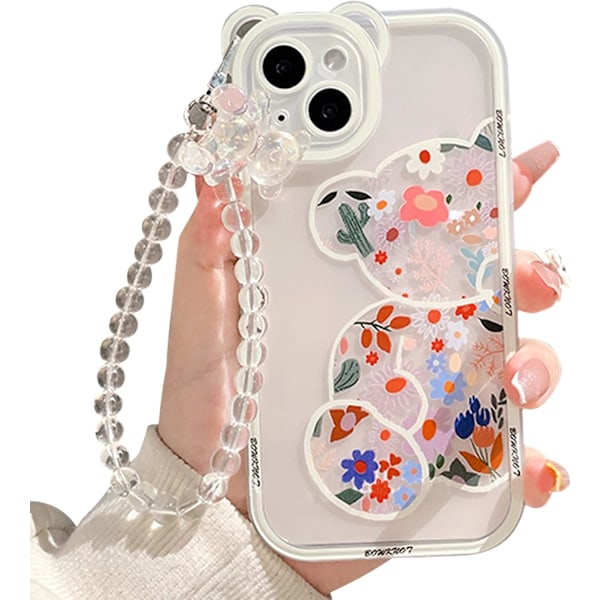 1 stk Kompatibel til iPhone 14 Plus Cover med Bjørnører Klar Sød Blomstret Mønster Blomster med Sød Armbåndskæde til