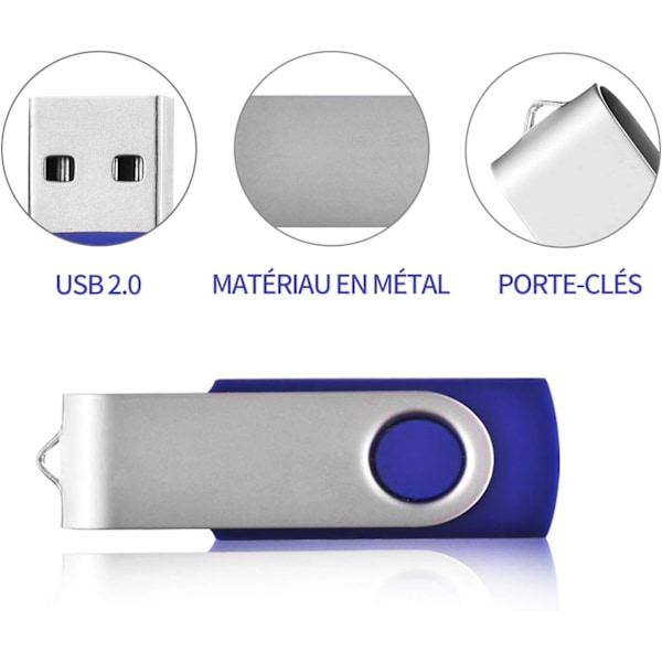 Pakke 64G, Svart, Blå USB-minnepinne 64GB USB 2.0 Minnepinner Roterende USB-minnepinne med tau Gode gaver til barn, foreldre og venner