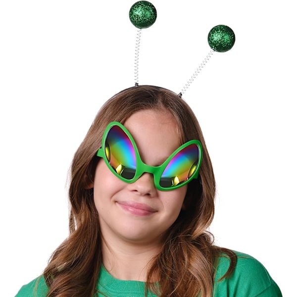 Vihreä Alien-hiuspanta ja -lasit - Alien-antennihiuspanta ja hopeiset Alien-aurinkolasit - Avaruusasu-tarvikkeet - Spar