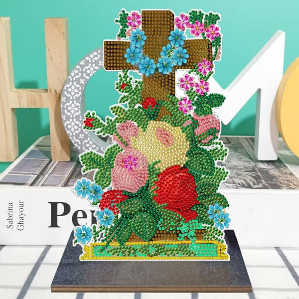 Diamantmaleri Desktop Ornament Kors og Blomster Diamantmaleri Desktop Dekoration DIY Single S