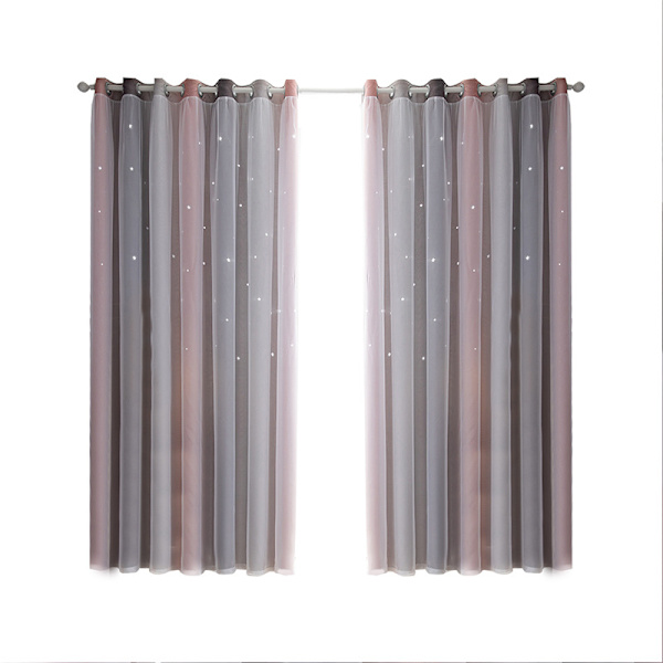 2 stk grå Morandi gradient stripete hule stjerne gardiner, dobbeltlags integrert 132*160CM