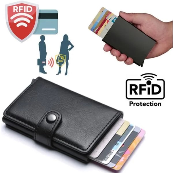 Sort RFID NFC Beskyttelses Pung Kort Indehaver 5 Kort (Ægte Læder) Sort