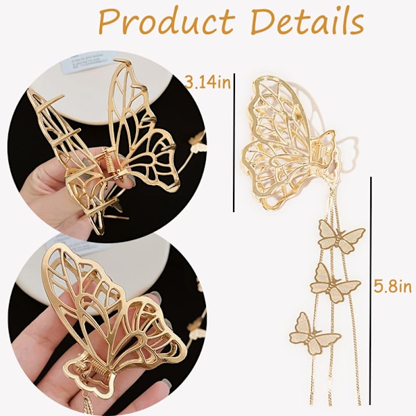 Fjärils-Hårklämma med Trasa, 1 St Stor Halksäker Guldmetall Hårklämma, Håraccessoarer för Kvinnor och Tunnare Tjockt Hår