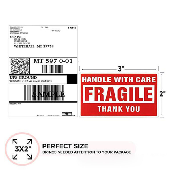 2 x 3 tum Fragile Stickers Hantera med försiktighet Varning Packagi