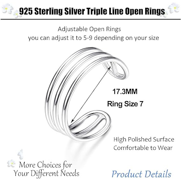 925 Sterling Silver Horisontell Dubbel Trippel Linjer Öppna Ringar Minimalistisk Enkel Band för Kvinnor Justerbar