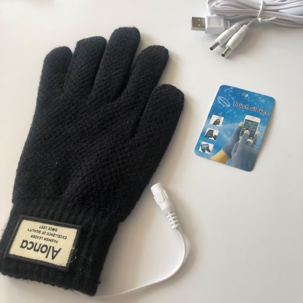 Svarta USB-uppvärmda handskar för män och kvinnor, vinteruppvärmda vantar