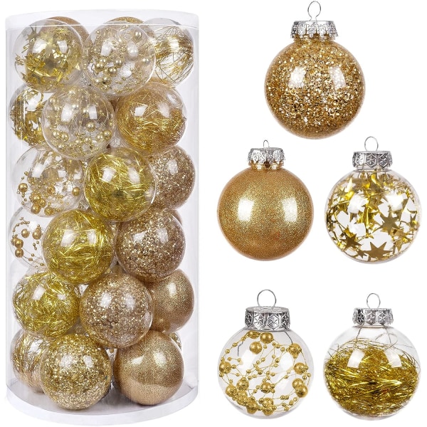 30 stycken julgranskulor dekorationer, 5 stilar julgranskulor i guld krossfria ornament