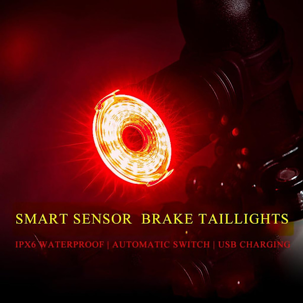 1 stk Baklys, Sykkellykter for Nattsykling, Oppladbart Sykkelbaklys med Bremsesensor, Ultra Sterke LED Baklys, Sykkel Sikkerhetstilbehør