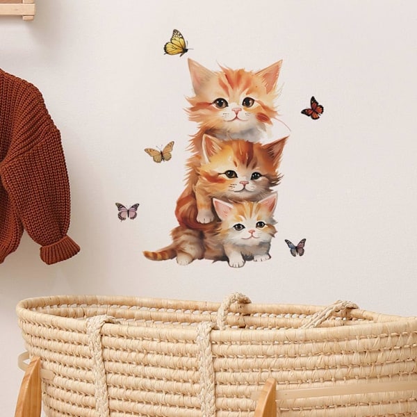 1 pcs  Cute Cat Wall Decals Lovely Cartoon Animals Naughty Kitten with Butterfly Wall Stickers Removable Vinyl Peel and