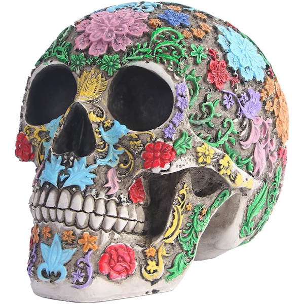 Livsstørrelse farverig blomsterkraniummodel voksen hovedknoglemodel Día de Muertos-indretning (13,5*15*19.
