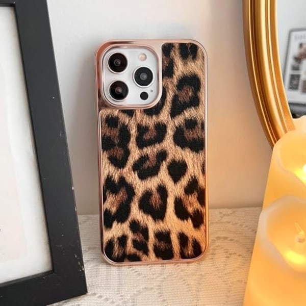 Luksuriøst leopardmønstret mobildeksel for iPhone 15 Pro Max - Motebeskyttelsesdeksel med forgylt ramme i skinn, støtsikker