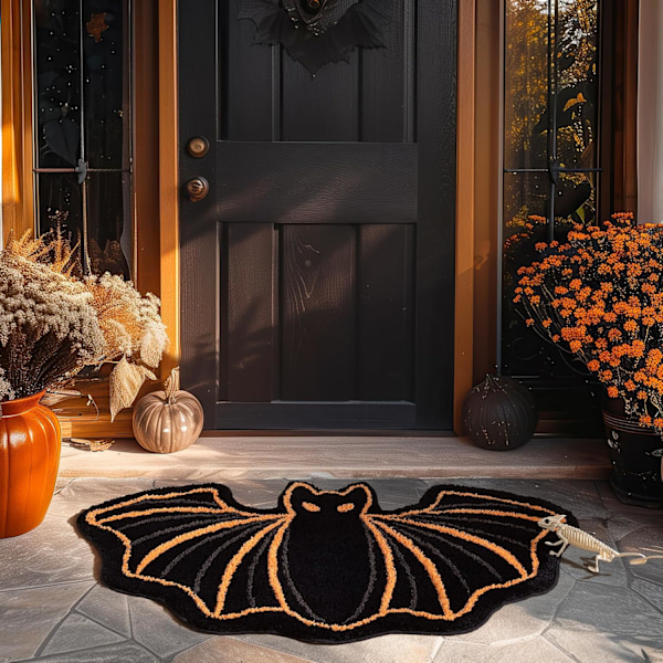 Happy Halloween Teppe Svart Flaggermus Formet Område Teppe, Myk Tuftet Matte for Inngangsdør Stue Soverom Bad, Sklisikkert Dekorativ