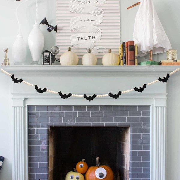 1 st Halloween-dekorationer inomhus/utomhus, trä Halloween filt fladdermöss pärlband banner för Halloween dekoration, lantlig stil