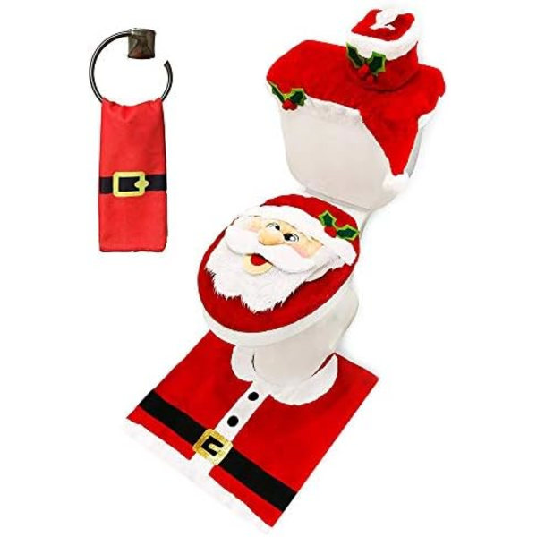 5-delars jultema badrumsdekorationssats med toalettlock, mattor, tanklock, toalettpapperslådslock och tomte