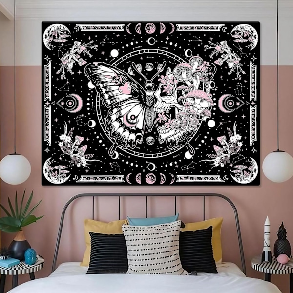 (Rosa, 152 cm x 112 cm) Skelett Fjäril Tapestry Rosa Dödskalle Hippie Svamp Växter Tapestry för Sovrum Månfas Estetiska Tapestries Väggbonad för L