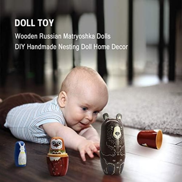 Björnar Trämatryoshka Dockor för Barn Handgjorda Söta Cartoon Djur Mönster Nesting Doll Leksak Staplingsdocka Set om 5