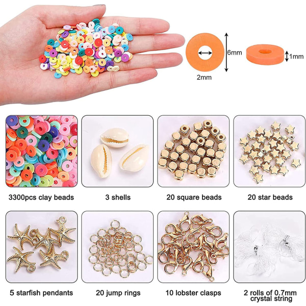 Flade perler til armbånd, 3300+ STK perler til smykkefremstilling af lerperler, håndlavede flade perler i polym