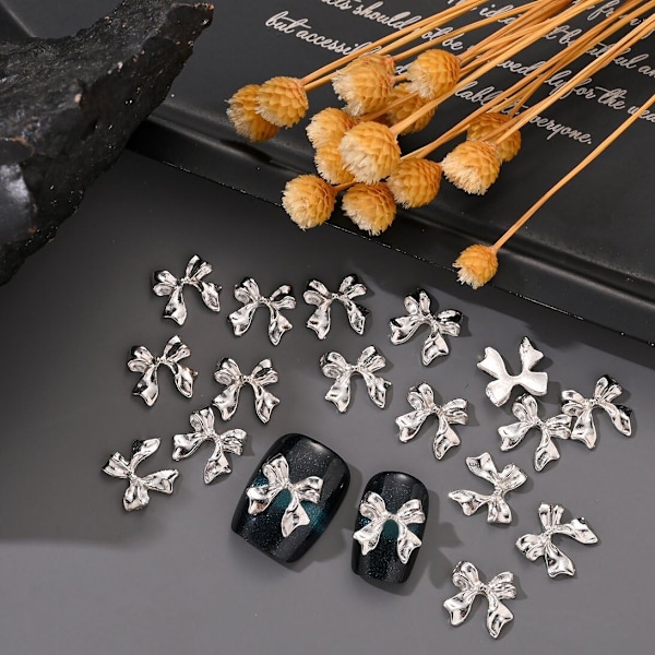 20 st Silver Båge Nagel Charm 3D Legering Nagelkonst Charm Söta Båge Knyt Nagel Dekorationer Band Båge Charm för Naglar Nagel Ch