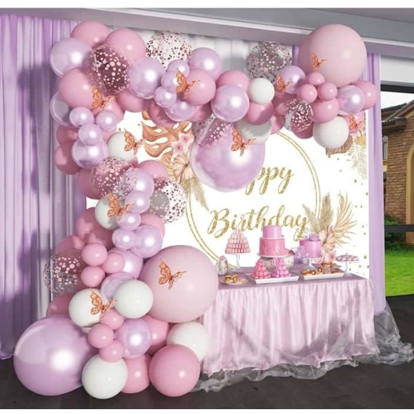 7x5FT Bohemian Happy Birthday taustakuva tytöille - Pink Pampas Gr