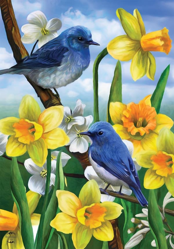 Blåfugler og påskeliljer vårhageflagg blomster 30 x 45 cm