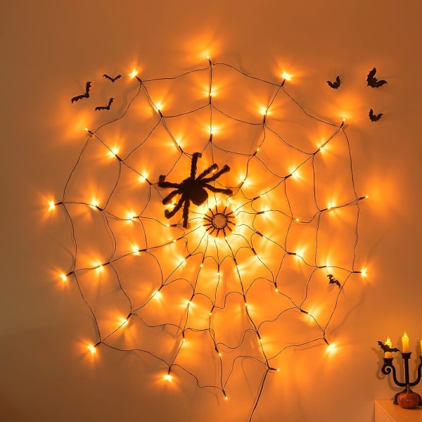 Halloween Edderkoppnettlys 60LED Oransje Lys med Svart Edderkopp, Edderkoppnettlys Utendørs Vanntett