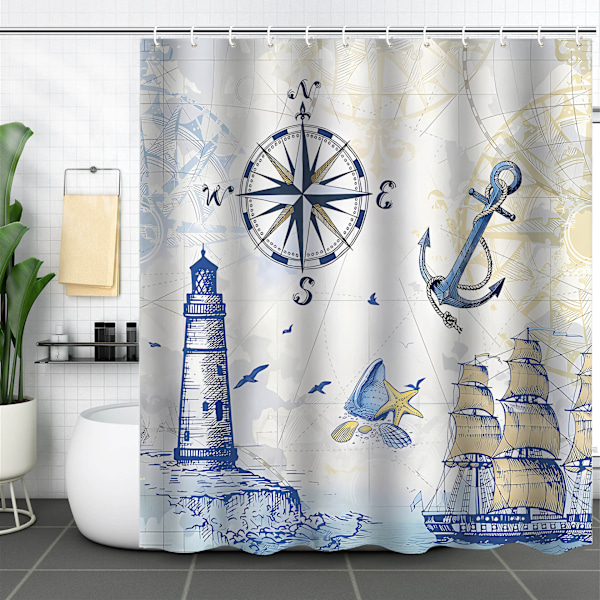 Duschdraperi Nautisk Fyrtorn Segelfartyg Kompass Ankare 180 x 20