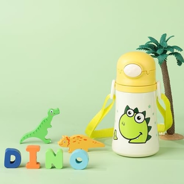 8x16,5cm Dinosaur Sippy Cup i Rustfritt Stål med Justerbar Stropp, Vannflaske for Barn med Håndtak, Isolerte Småbarnskopper