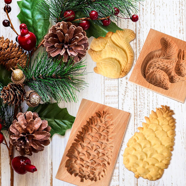 2 stk Skårne Tre Cookie Former, Baking Embossing Cookies Stempel Form Kutter Morsom 3D Pinecone Cookie Form Tre Ekorn