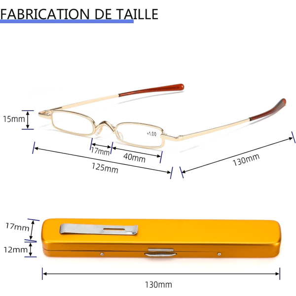 (guld,+1,5)Mini metal læsebriller, små og bærbare fjederhængslede læsebriller, tynde aluminium