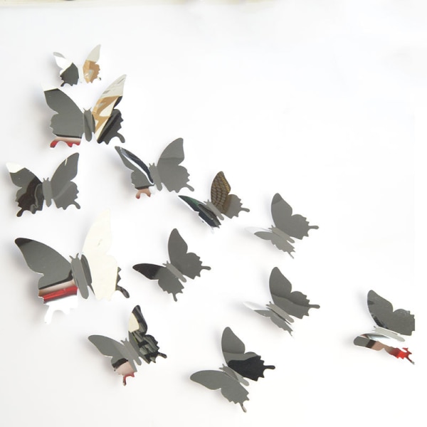 (sølv) 48 stk sommerfugl veggdekor DIY speil 3D sommerfugl S